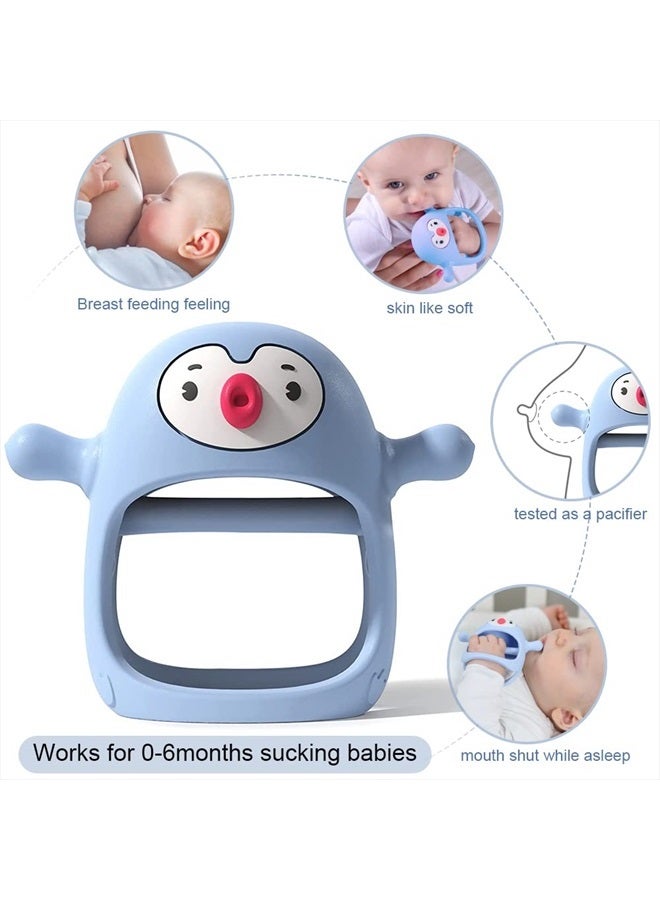 Penguin Buddy Never Drop Silicone Baby Teething Toy for 0-6month Infants, Baby Chew Toys for Sucking Needs, Hand Pacifier for Breast Feeding Babies, Car Seat Toy for New Born,Light Blue