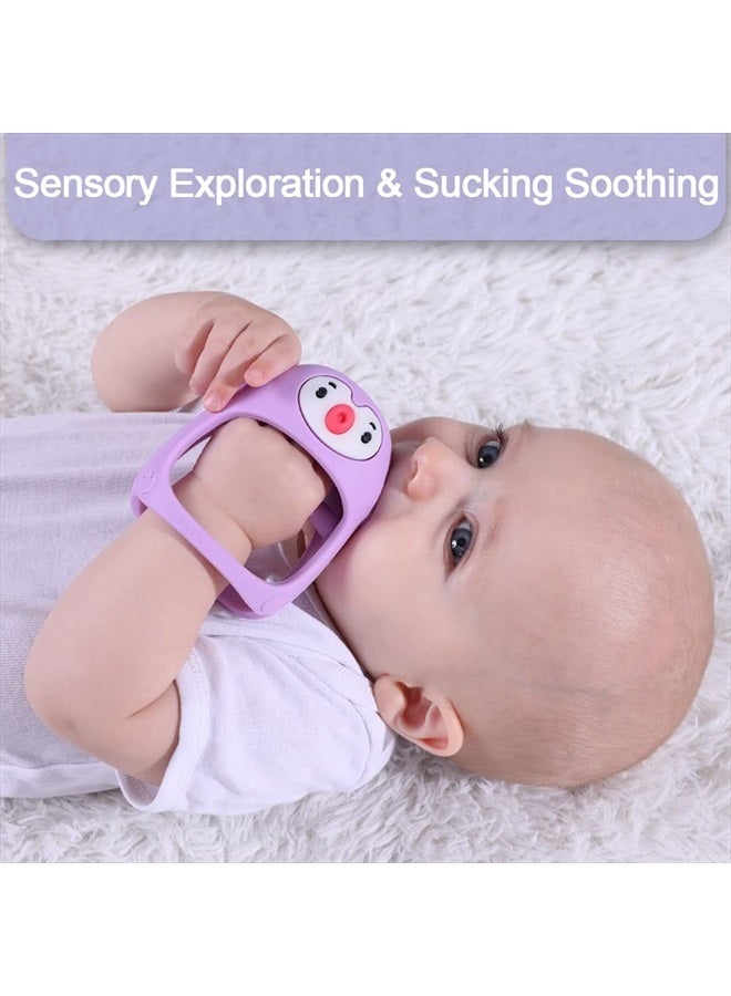 Penguin Buddy Never Drop Silicone Baby Teething Toy for 0-6month Infants, Baby Chew Toys for Sucking Needs, Hand Pacifier for Breast Feeding Babies, Car Seat Toy for New Born,Light Purple