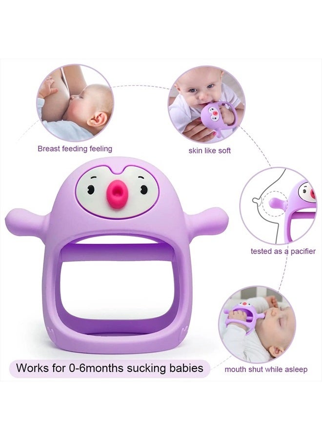 Penguin Buddy Never Drop Silicone Baby Teething Toy for 0-6month Infants, Baby Chew Toys for Sucking Needs, Hand Pacifier for Breast Feeding Babies, Car Seat Toy for New Born,Light Purple