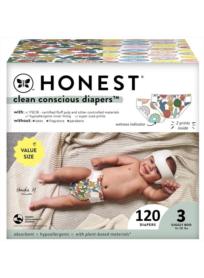 Clean Conscious Diapers | Plant-Based, Sustainable | Cactus Cuties + Donuts | Super Club Box, Size 3 (16-28 lbs), 120 Count
