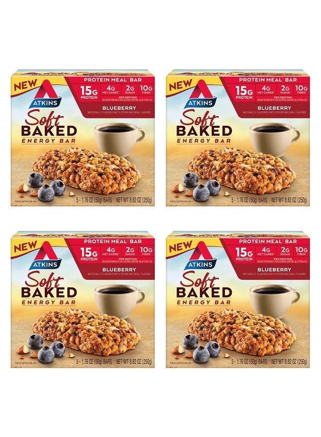 Soft Baked Energy Bars, Blueberry, 15g Protein,2g Sugar, Excellent Source of Fiber, Low Carb, 4 Packs (5 Bars Each)