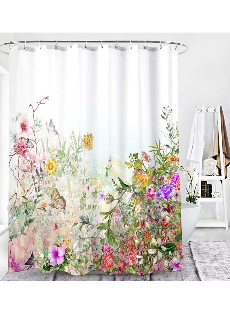 Floral Polyester Fabric Shower Curtain, (72 X 72 Inches) Abstract Butterfly Bathroom Curtain Multi Flower Leaves Shower Curtain Vibrant Flower Leaves Bathroom Decor with Hooks for Bathroom