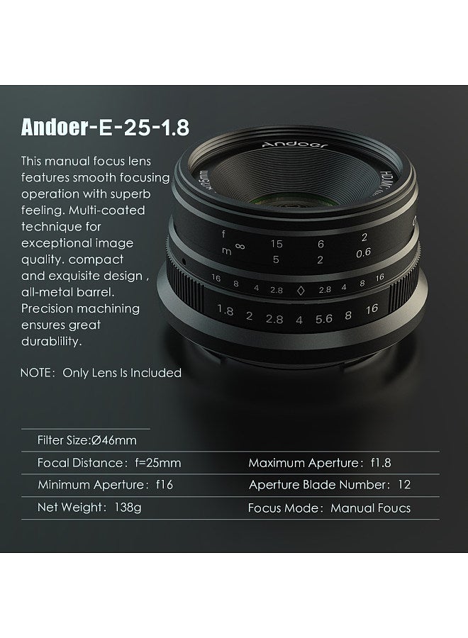 25mm F1.8 APS-C Manual Focus Camera Lens Large Aperture Wide Angle Replacement for Sony E-Mount Mirrorless Cameras A7III/A9/NEX 3 3N/NEX 5 5T 5R/NEX 6 7/A5000/A5100/A6500/A6400/A6300/A6100/A6000