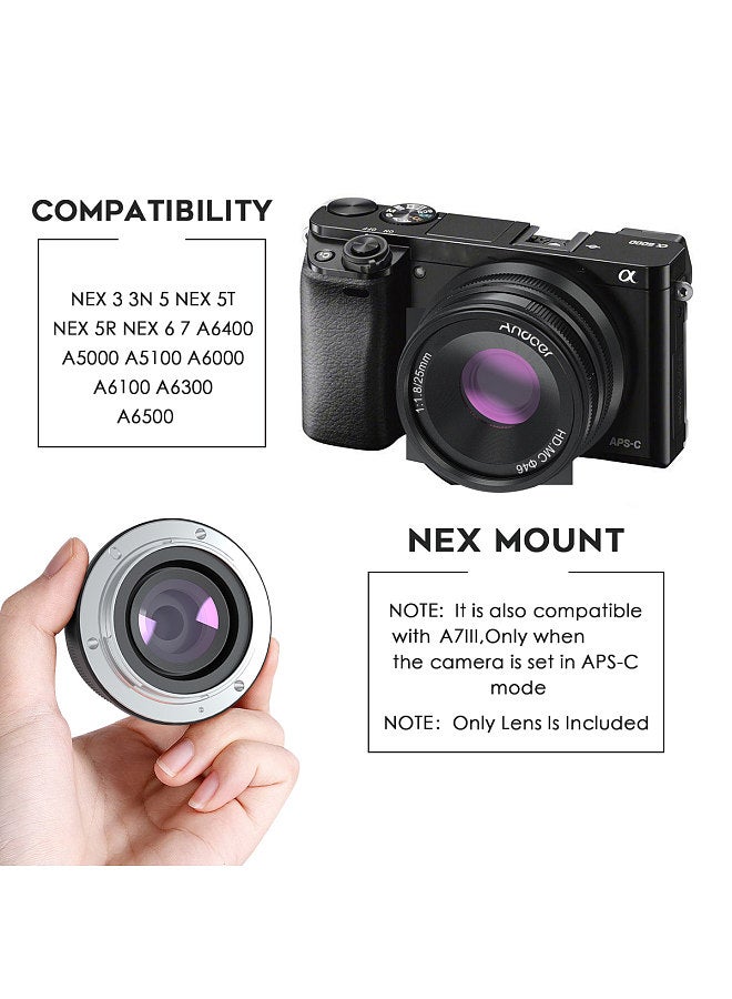 25mm F1.8 APS-C Manual Focus Camera Lens Large Aperture Wide Angle Replacement for Sony E-Mount Mirrorless Cameras A7III/A9/NEX 3 3N/NEX 5 5T 5R/NEX 6 7/A5000/A5100/A6500/A6400/A6300/A6100/A6000