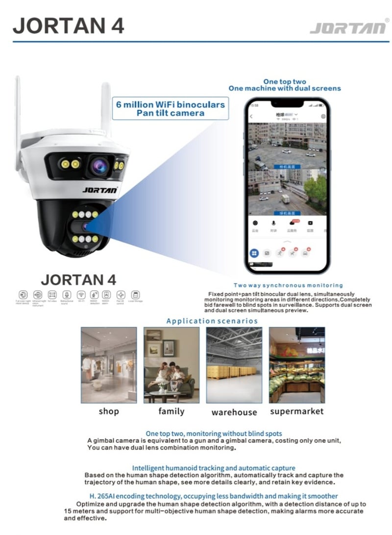 Jortan 8MP Dual Lens Indoor Outdoor Wi-Fi Security Camera, Full Color IR Night Vision, 2 way Talking, Motion Detection, IP66 Water and Dustproof, PTZ Control, 24/7 Recording