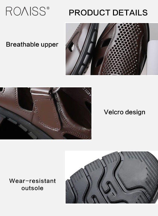 Men's Summer Breathable Mesh Leather Shoes Side Hollowed Out Velcro Business Pu Leather Sandals Casual Fashion Anti-Skid Sandals