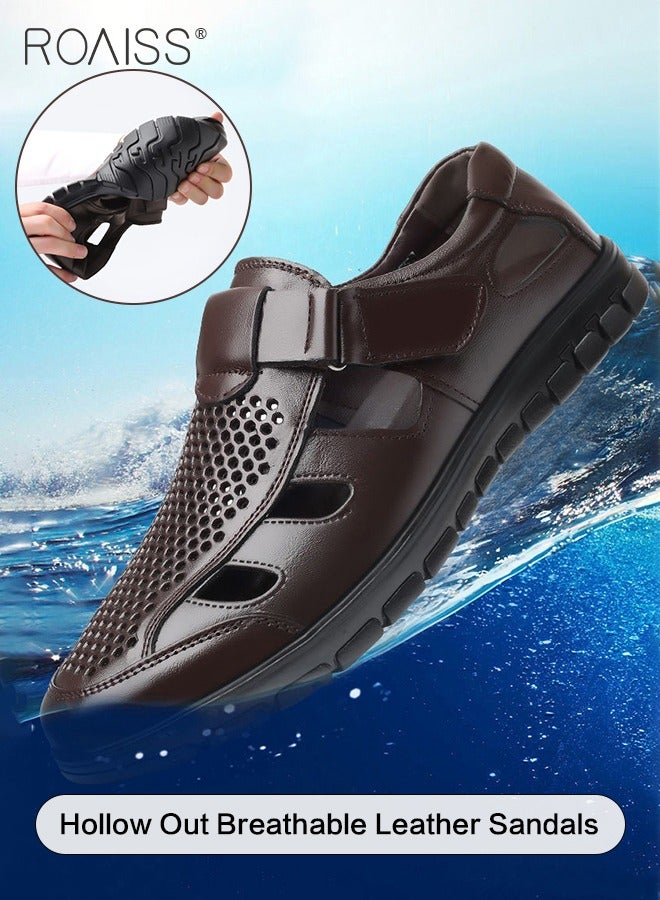 Men's Summer Breathable Mesh Leather Shoes Side Hollowed Out Velcro Business Pu Leather Sandals Casual Fashion Anti-Skid Sandals