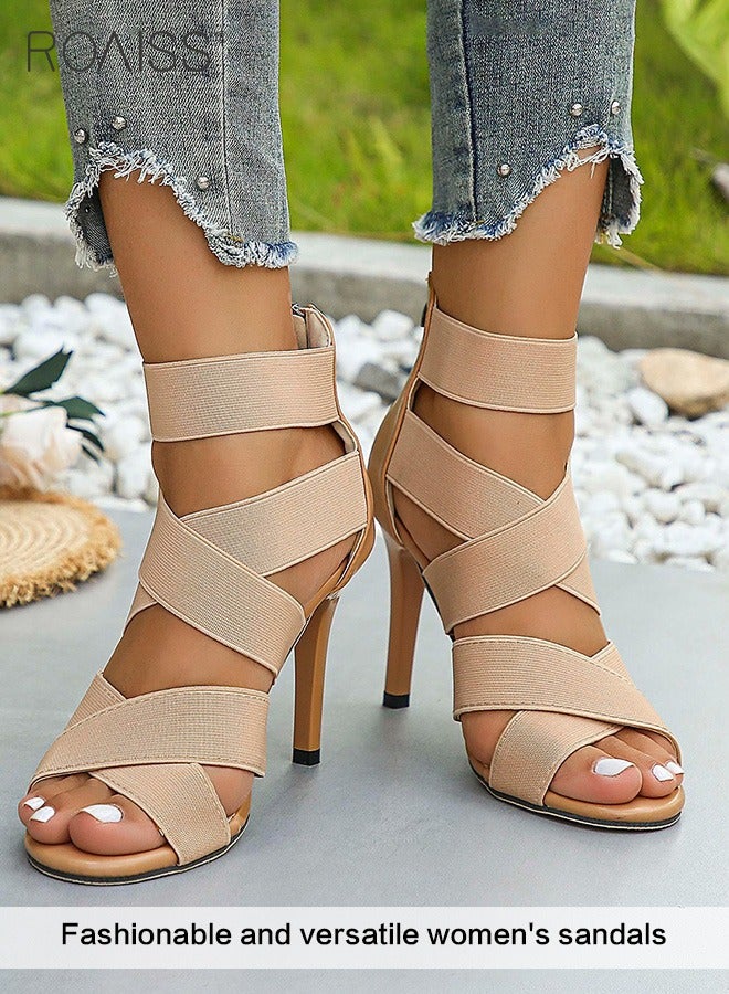 Women's Cross Elastic Strap Sandals Fashionable Summer Hollow Out Open Toe High Heels Pu Leather Patchwork Versatile Party High Heel Sandals