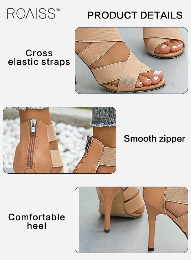 Women's Cross Elastic Strap Sandals Fashionable Summer Hollow Out Open Toe High Heels Pu Leather Patchwork Versatile Party High Heel Sandals