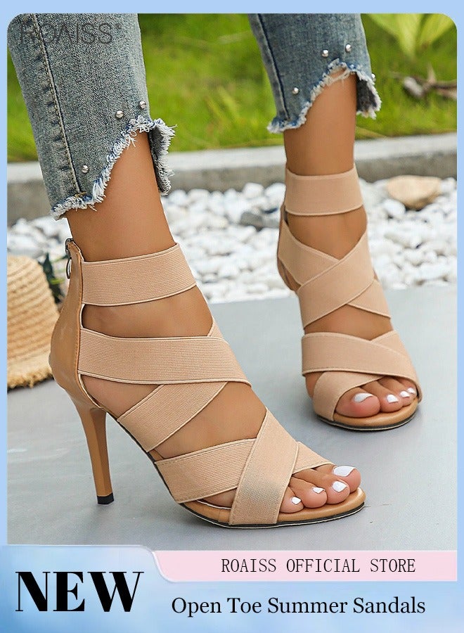 Women's Cross Elastic Strap Sandals Fashionable Summer Hollow Out Open Toe High Heels Pu Leather Patchwork Versatile Party High Heel Sandals