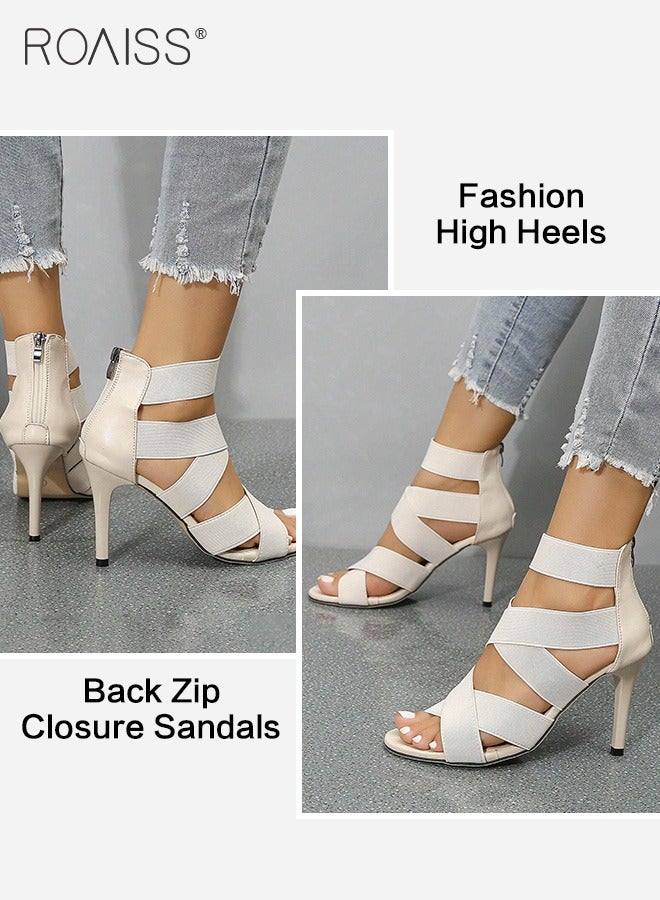 Women's Cross Elastic Strap Sandals Fashionable Summer Hollow Out Open Toe High Heels Pu Leather Patchwork Versatile Party High Heel Sandals