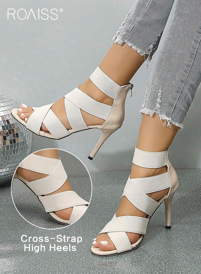 Women's Cross Elastic Strap Sandals Fashionable Summer Hollow Out Open Toe High Heels Pu Leather Patchwork Versatile Party High Heel Sandals