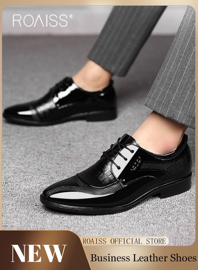 Business Formal Leather Shoes for Men Lightweight and Non Slip Pointed Patent Leather Shoes for Office Wedding Business Trip Casual Soft and Breathable Men's Lace up Leather Shoes for Bridegroom