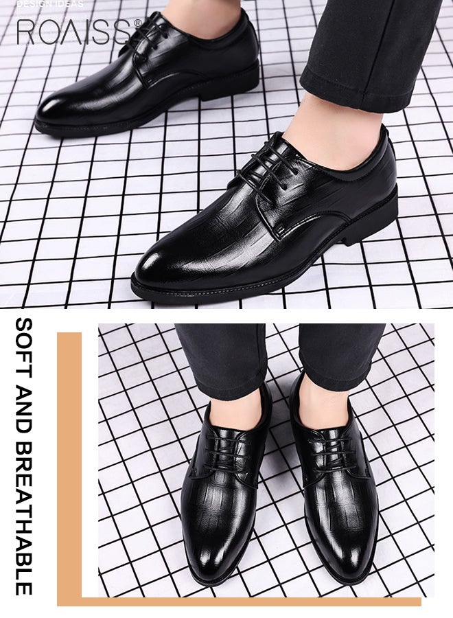 Business Formal Leather Shoes for Men Lightweight and Non Slip Pointed Patent Leather Shoes for Office Wedding Business Trip Casual Soft and Breathable Men's Lace up Leather Shoes for Bridegroom