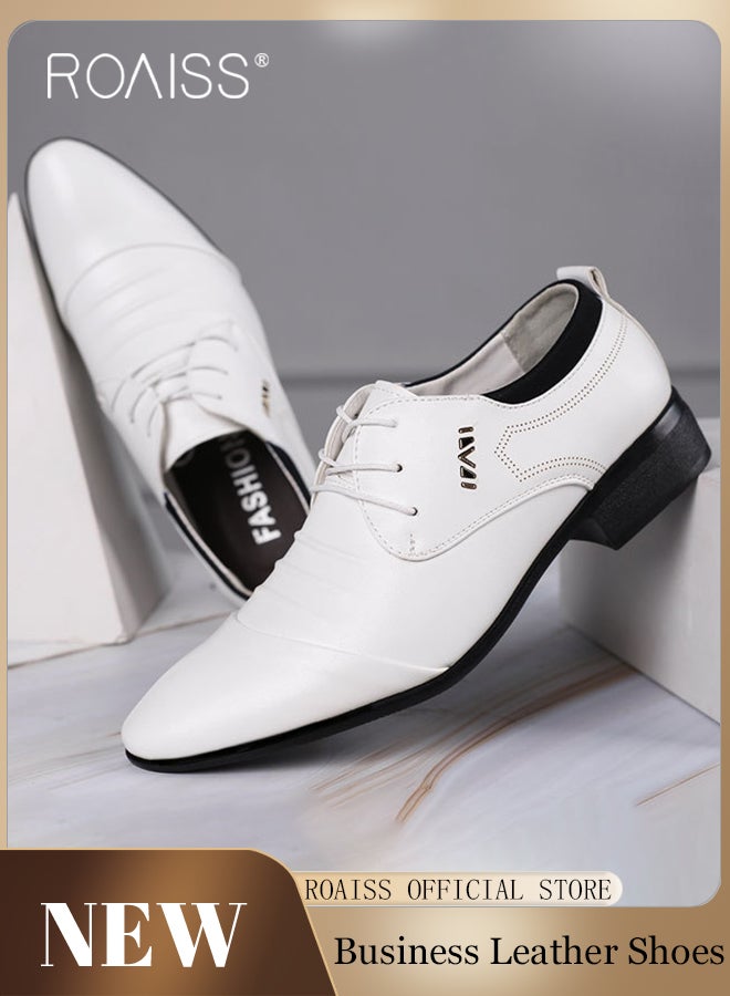 Business Formal Leather Shoes for Men Lightweight and Non Slip Pointed Patent Leather Shoes for Office Wedding Business Trip Casual Soft and Breathable Men's Lace up Leather Shoes for Bridegroom