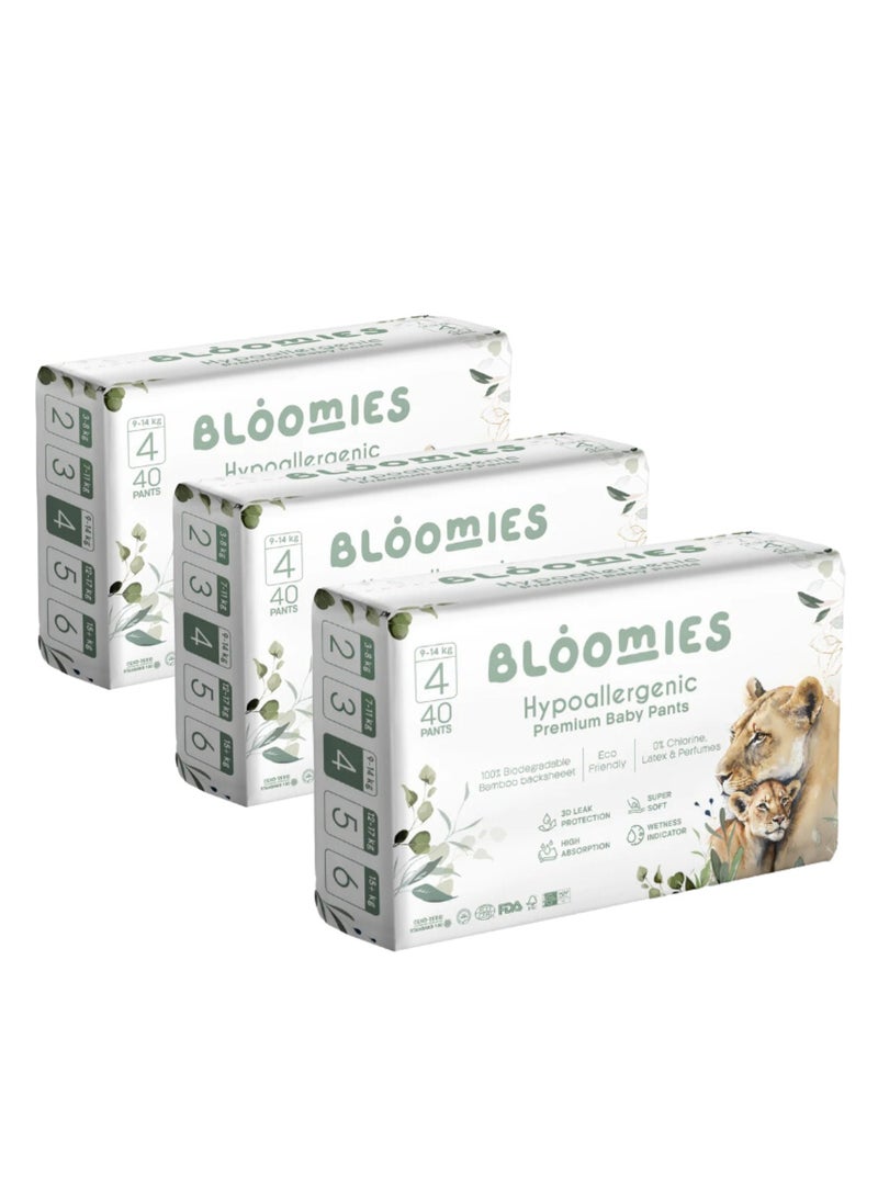 Bloomies Premium Baby Pants with wetness indicator | Eco-friendly and Hypoallergenic Nappy Pants Made with 100% Bamboo | Baby Pants Size 4 for babies 9-14kg x 40pcs x3