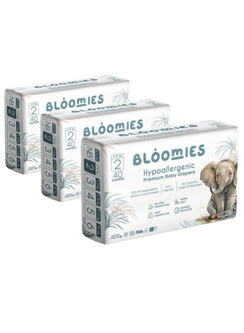 Premium Baby Diapers with wetness indicator | Eco-friendly and Hypoallergenic Nappies Made with 100% Bamboo | Nappies Size 2 for babies 3-8kg x 40pcs x 3