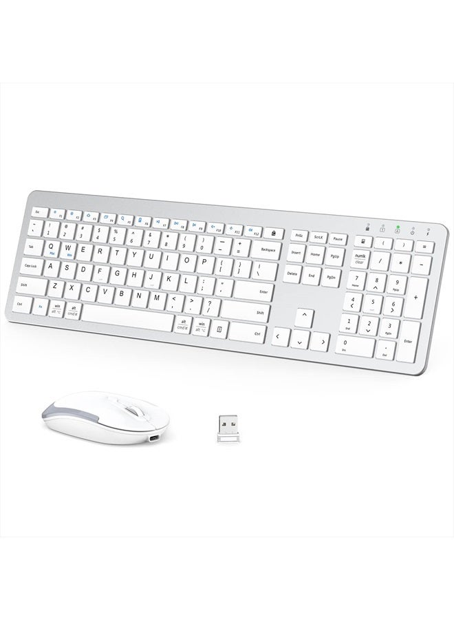 GK08 Wireless Keyboard and Mouse - Rechargeable, Ergonomic, Quiet, Full Size Design with Number Pad, 2.4G Stable Connection Slim Mac Keyboard and Mouse for Windows Mac OS Computer