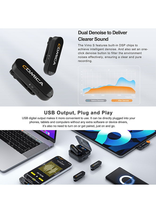 Vimo S-UC Wireless Microphone System with 1 Receiver & 2 Microphones 200M Transmission Range Built-in Battery with Charging Case Replacement for Android Phones Live Streaming Interview Vlog