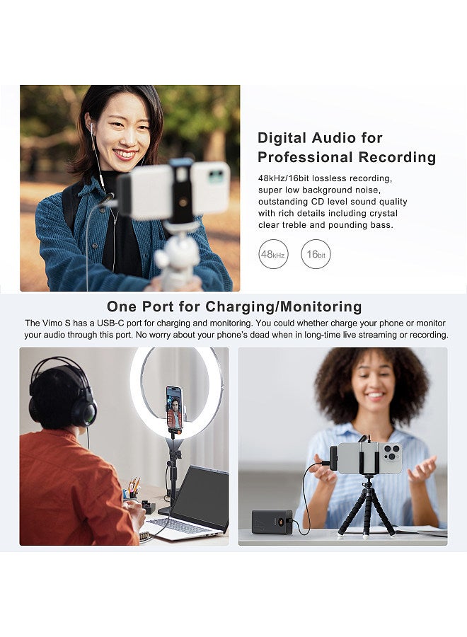 Vimo S-UC Wireless Microphone System with 1 Receiver & 2 Microphones 200M Transmission Range Built-in Battery with Charging Case Replacement for Android Phones Live Streaming Interview Vlog