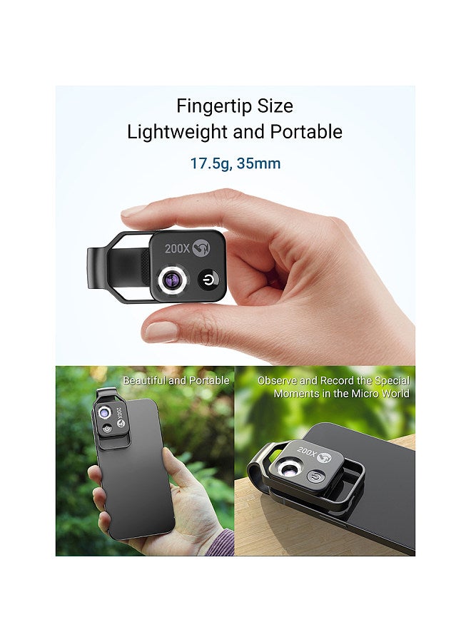 MS002 200X Professional Phone Microscope Lens with Universal Phone Clip for Plant Insect Hair Skin Observation Jewelry Jade Appraisal Electronics Industry Testing