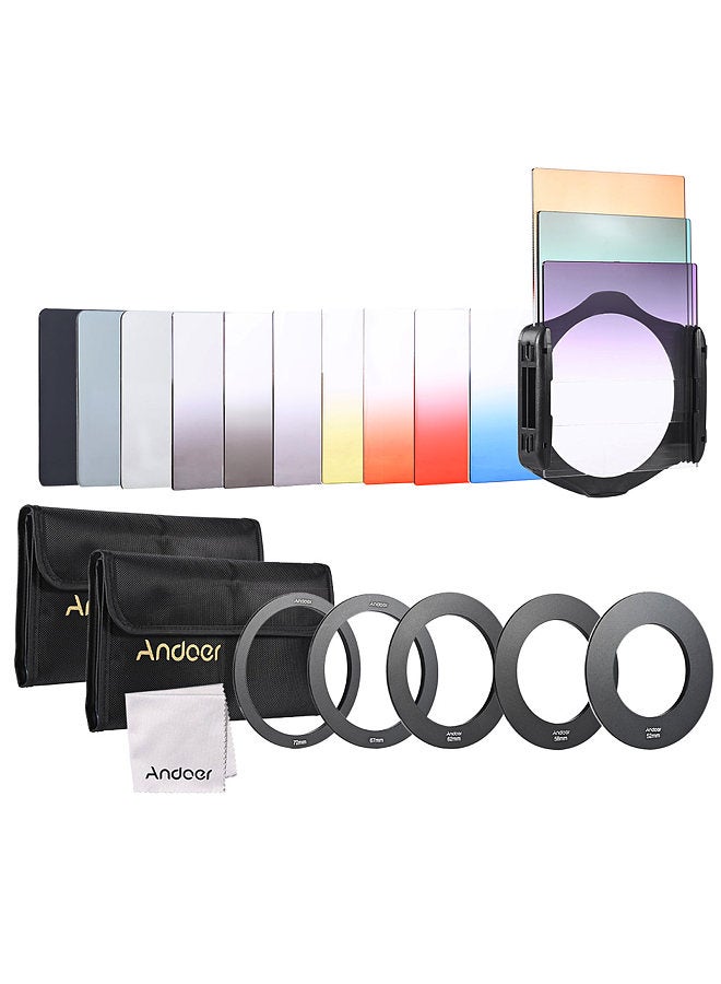 13pcs Square Gradient Full Color Filter Bundle Kit for Cokin P Series with Filter Holder + Adapter Ring(52mm / 58mm / 62mm / 67mm / 72mm ) + Storage Bag + Cleaning Cloth