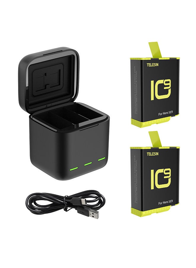 Sports Camera Battery Storage Charger Set 1 * 3-slot Battery Charging Box + 2 * 1750mAh Batteries Fast Charging with TF Card Storage Slots Replacement for GoPro Hero 11/10/ 9