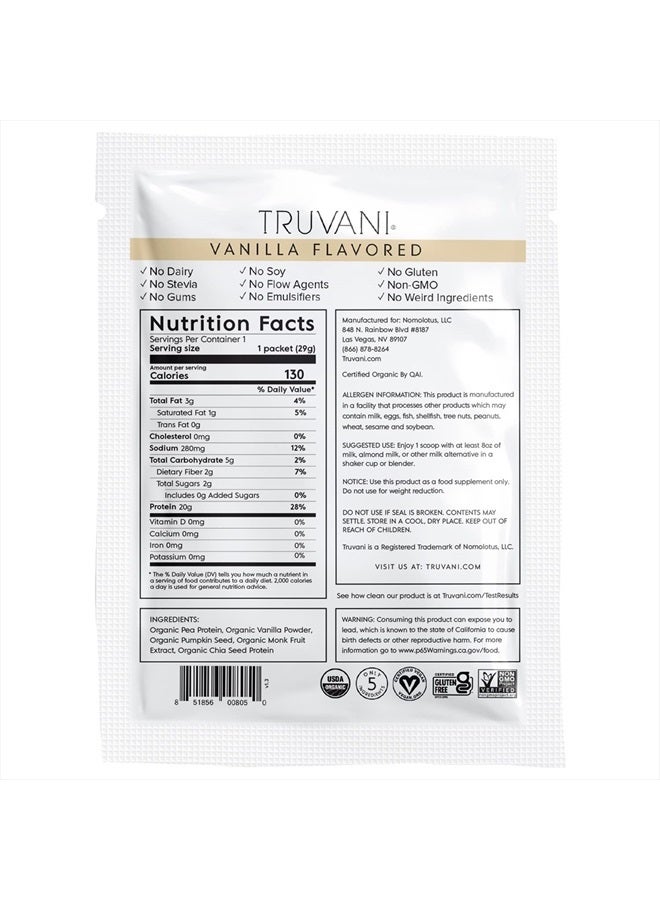 Truvani Organic Protein Powder Vanilla Flavored Non GMO,Gluten Free,(1 Serving) 1.02 OZ (29g)