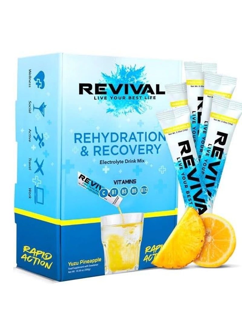 Revival Rehydration and recovery elctrolyte drink mix with vitamins C, B1, B3, B5, B12 yuzu pineapple