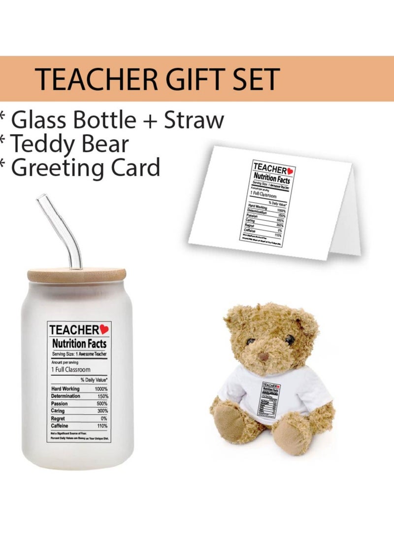 Teacher's Day Pack of 3 Combo Pack - Glass Bottle, Teddy Bear and Greeting Card - Reusable Bottle - Teacher's Day Gift Set - Gift for World Teachers Day