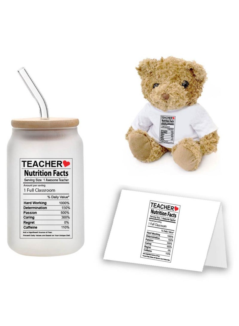 Teacher's Day Pack of 3 Combo Pack - Glass Bottle, Teddy Bear and Greeting Card - Reusable Bottle - Teacher's Day Gift Set - Gift for World Teachers Day