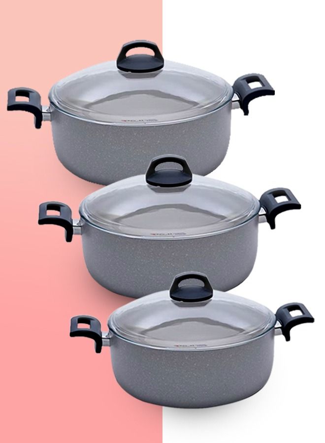 6-Piece Granite Cookware Set Grey/Clear Big Pot (30) Medium Pot (26) Small Pot