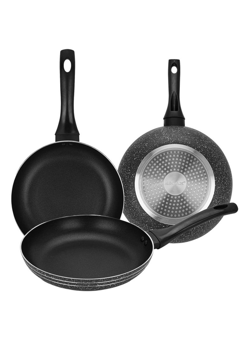 Auroware 3 Pack Non Stick Frying Pan Cooking Set Induction Bottom Three Layer Coating Strong and Durable PFOA Free Dia 20 24 28 cm