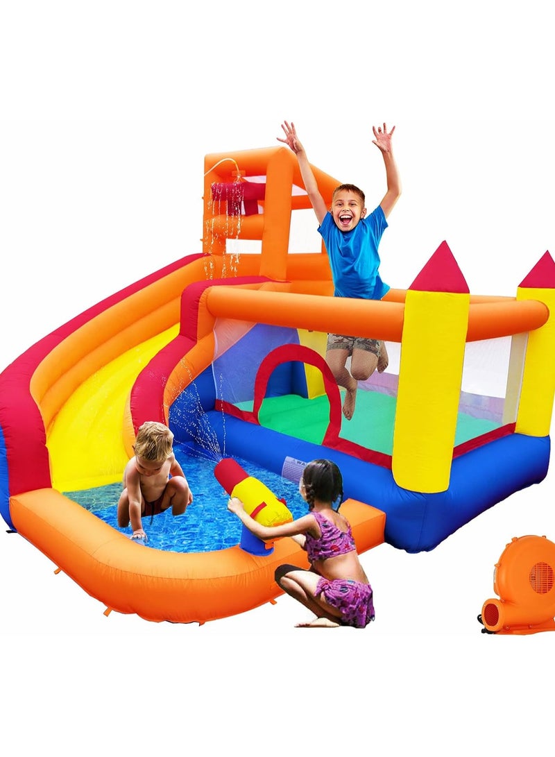 Inflatable Water Slide Park With Splash Pool For Kids Climbing Wall Bounce House With Ball Shooting Kids Bouncy Castle With Air Blower For Outdoor Backyard