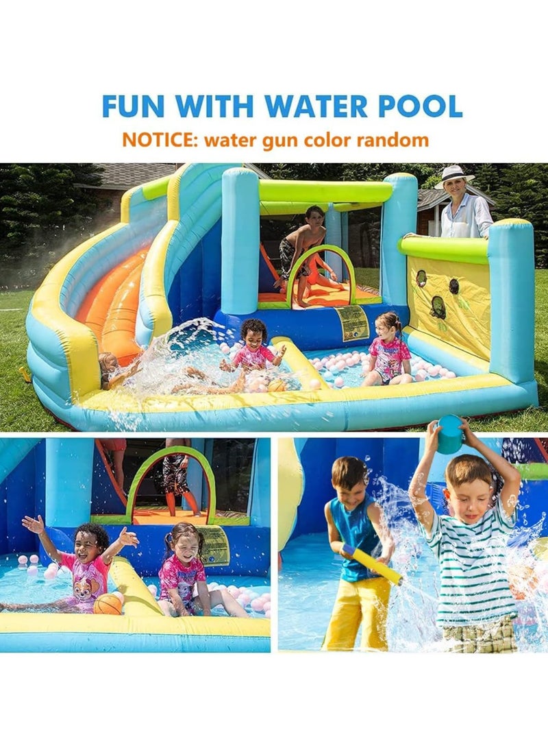 Inflatable Water Slide Park With Splash Pool For Kids Climbing Wall Bounce House With Ball Shooting Kids Bouncy Castle With Air Blower For Outdoor Backyard