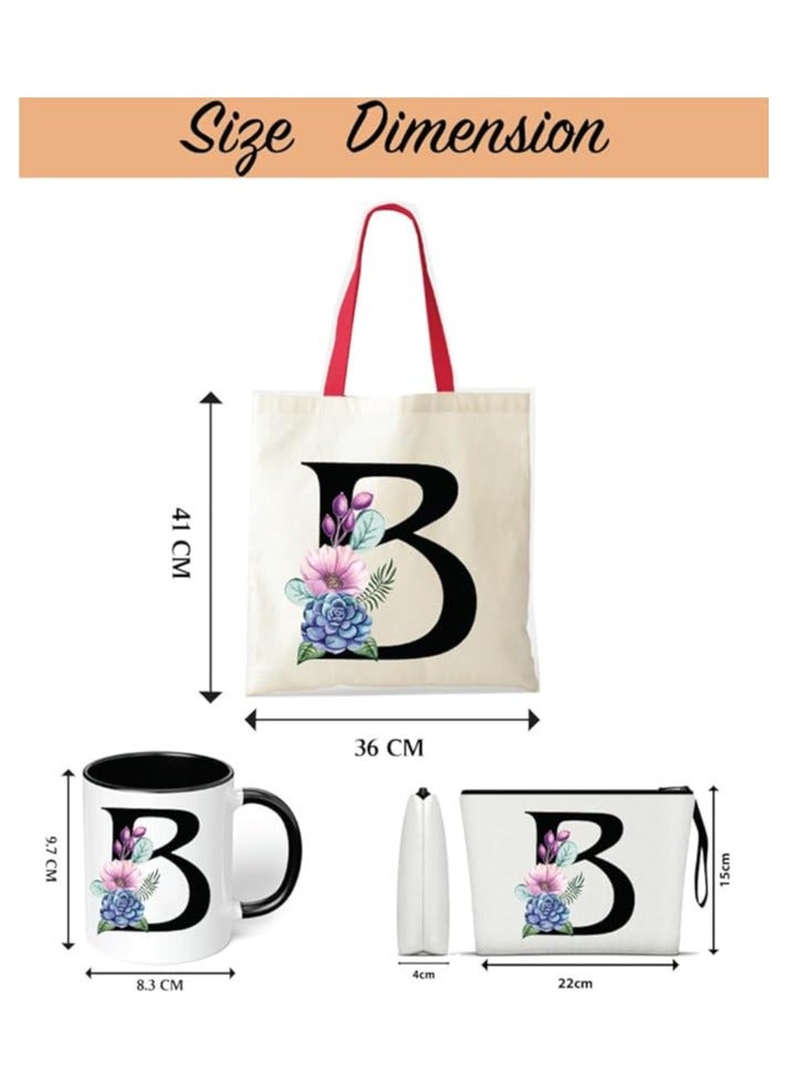 Initial Letters Canvas Cotton Tote Bag With Red Handle and Cosmetic pouch for girls - Mug gifts - Pack of 3 Combo set -Giftset for wedding - Gifts for girls - Gift for friends