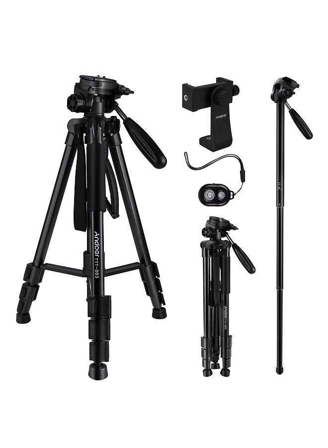 TTT-003 2-in-1 Photography Tripod Monopod Stand Aluminium Alloy 3-Way Swivel Pan Head 163cm Max. Height 5kg Load Capacity with Phone Clip Carry Bag for Smartphones DSLR Cameras Camcorders
