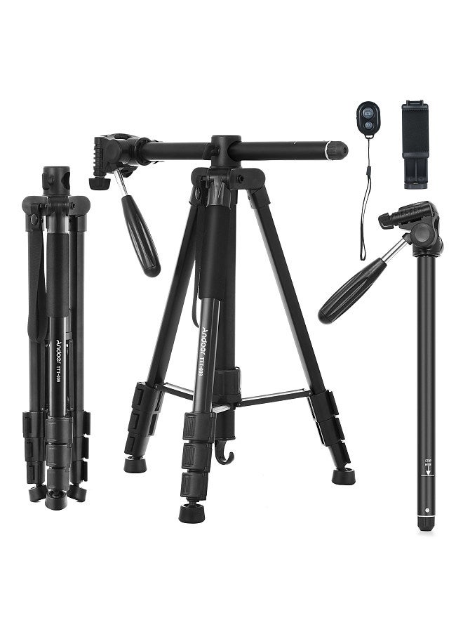 TTT-009 168CM/66.14Inch Portable Photography Tripod Monopod Camera Horizontal Tripod Stand Aluminum Alloy 360° Rotatable 5kg/11lbs Load Capacity with Phone Clip Remote Shutter Replacement