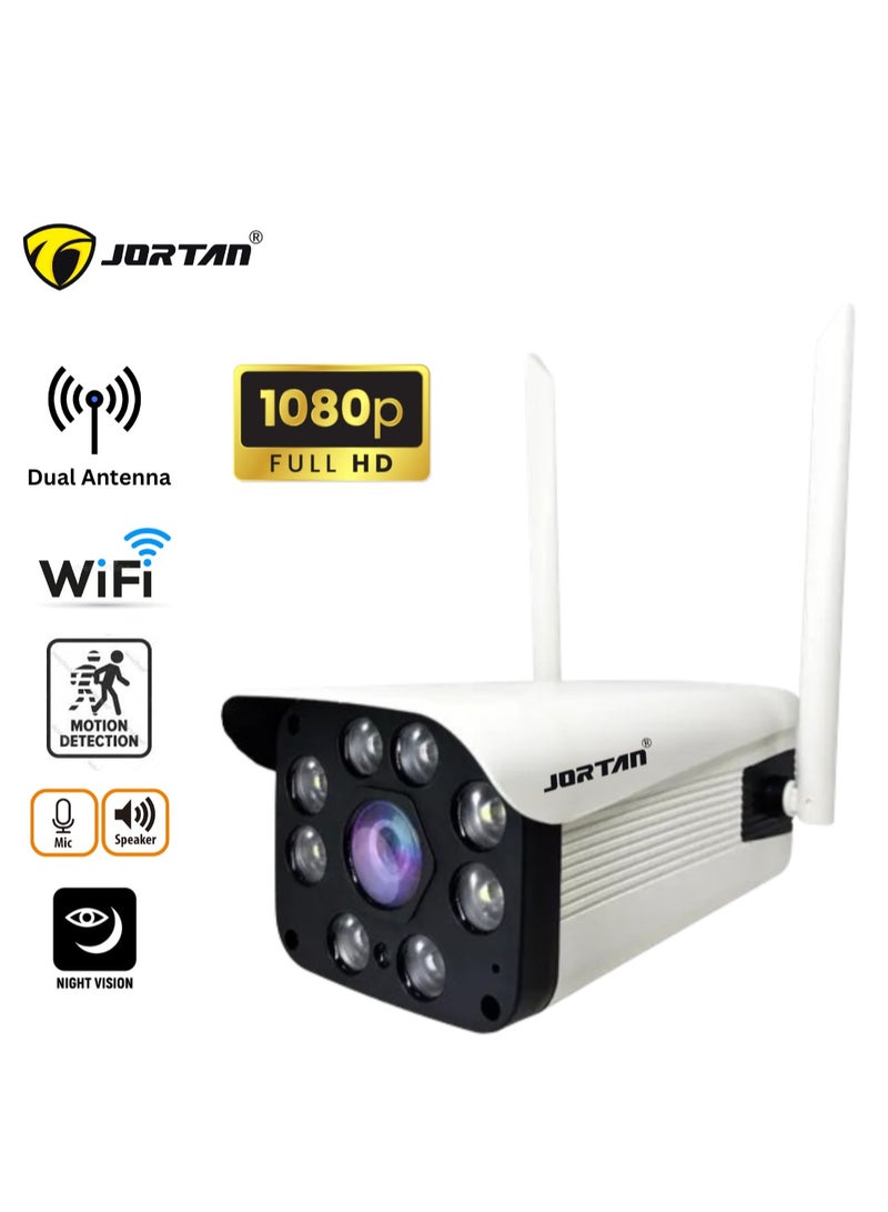 Jortan 1080P Dual Antenna Bullet WiFi IP Smart Camera, Bright Spotlight, Two Way Audio, Voice Changer, IP66 Waterproof, Motion Detection, Floodlight, Night Vision Outdoor Security Camera