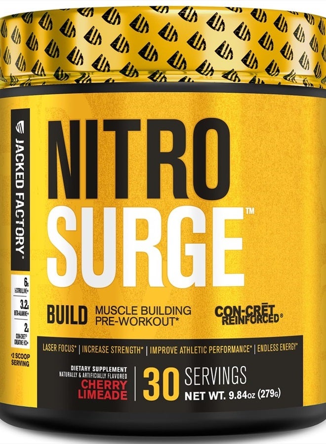 Nitrosurge Build Pre Workout with Creatine for Muscle Building - Con Cret Powder & elevATP Intense Energy, Powerful Pumps, Endless Endurance 30 Servings, Cherry Limeade