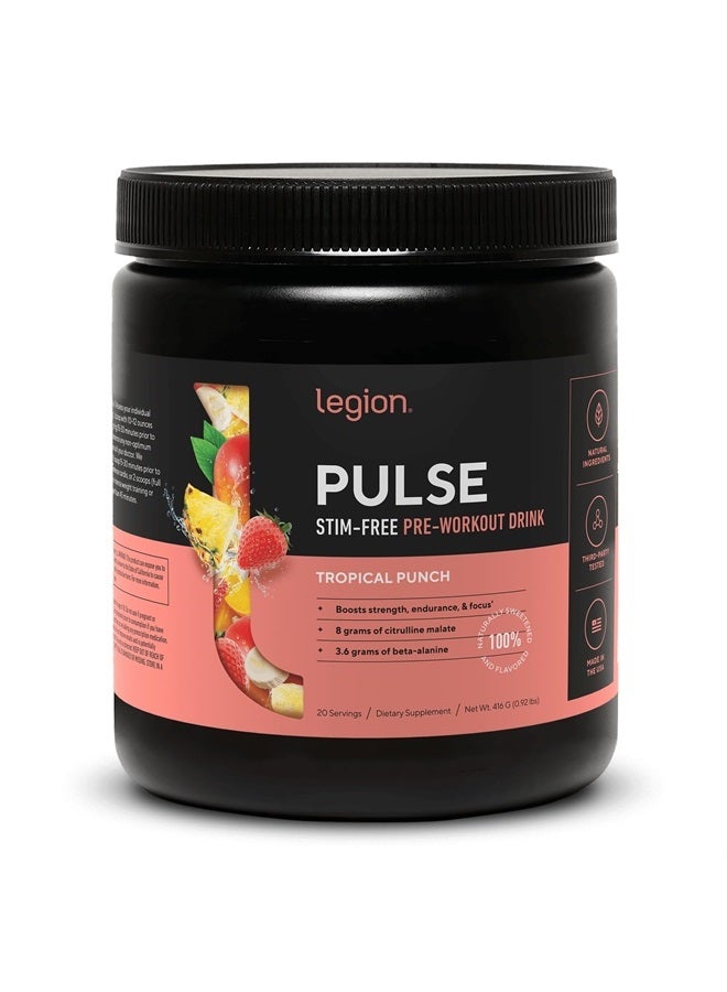 Pulse Pre Workout Supplement - All Natural Nitric Oxide Preworkout Drink to Boost Energy, Creatine Free, Naturally Sweetened, Beta Alanine, Citrulline, Alpha GPC (Caffeine Free Tropical Punch)