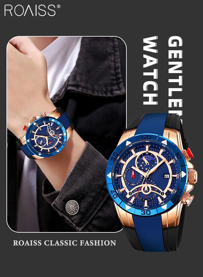 Men's Silicone Strap Quartz Watch, Analog Display Blue Round Shape Dial Chronograph Watch with Moon Phase Function, Waterproof Casual Watch as Gift for Men