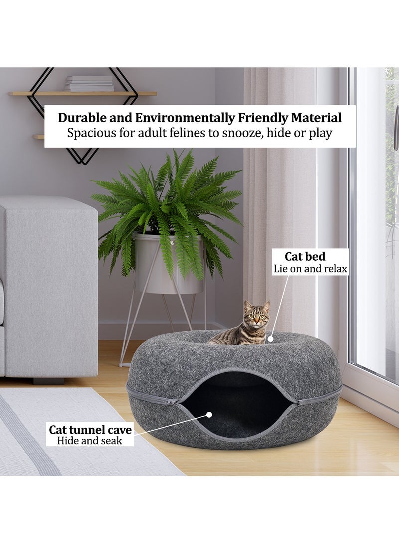 Cat tunnel bed, Indoor cat hide-out tunnel with ventilation window for medium pets, Anti-collapse felt play tunnel, Cat cave doughnut bed, Detachable and washable cat cave 60 cm (Black)