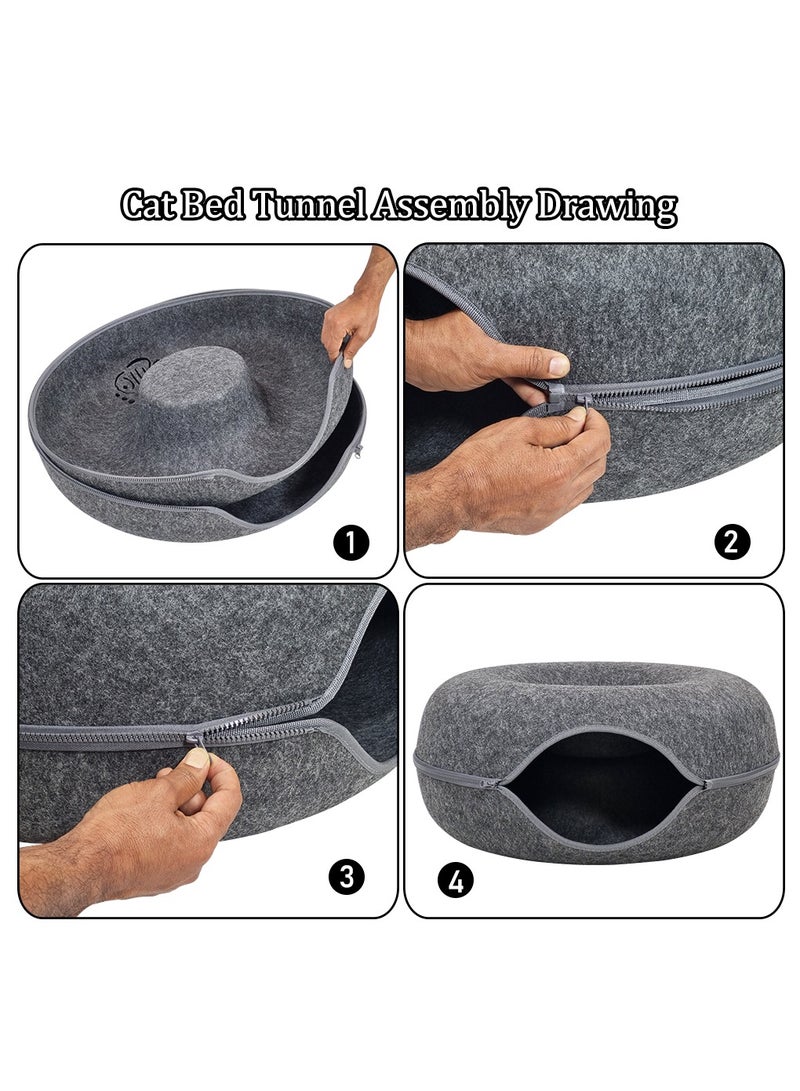 Cat tunnel bed, Indoor cat hide-out tunnel with ventilation window for medium pets, Anti-collapse felt play tunnel, Cat cave doughnut bed, Detachable and washable cat cave 60 cm (Black)
