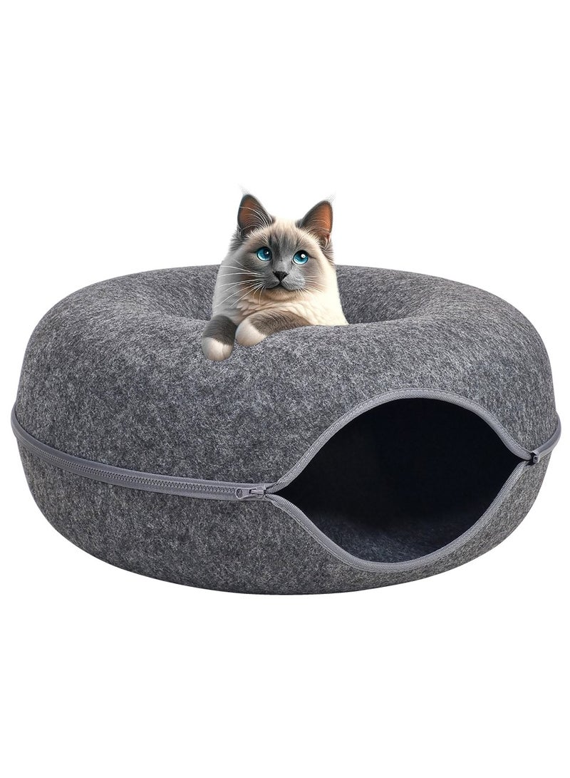 Cat tunnel bed, Indoor cat hide-out tunnel with ventilation window for medium pets, Anti-collapse felt play tunnel, Cat cave doughnut bed, Detachable and washable cat cave 60 cm (Black)