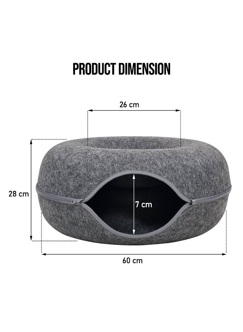 Cat tunnel bed, Indoor cat hide-out tunnel with ventilation window for medium pets, Anti-collapse felt play tunnel, Cat cave doughnut bed, Detachable and washable cat cave 60 cm (Black)