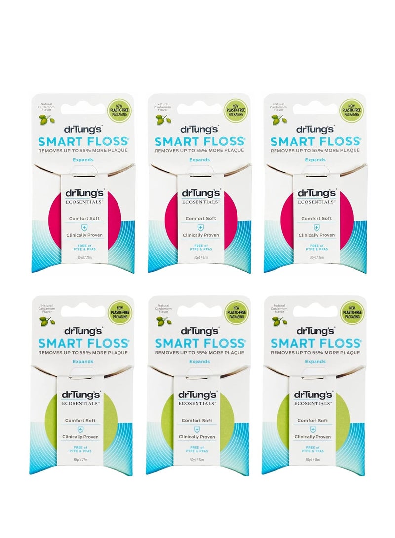 DrTung's Smart Floss - Natural Floss, PTFE & PFAS Free, Gentle on Gums, Expands & Stretches, BPA Free - Natural Cardamom Flavor (Pack of 6)
