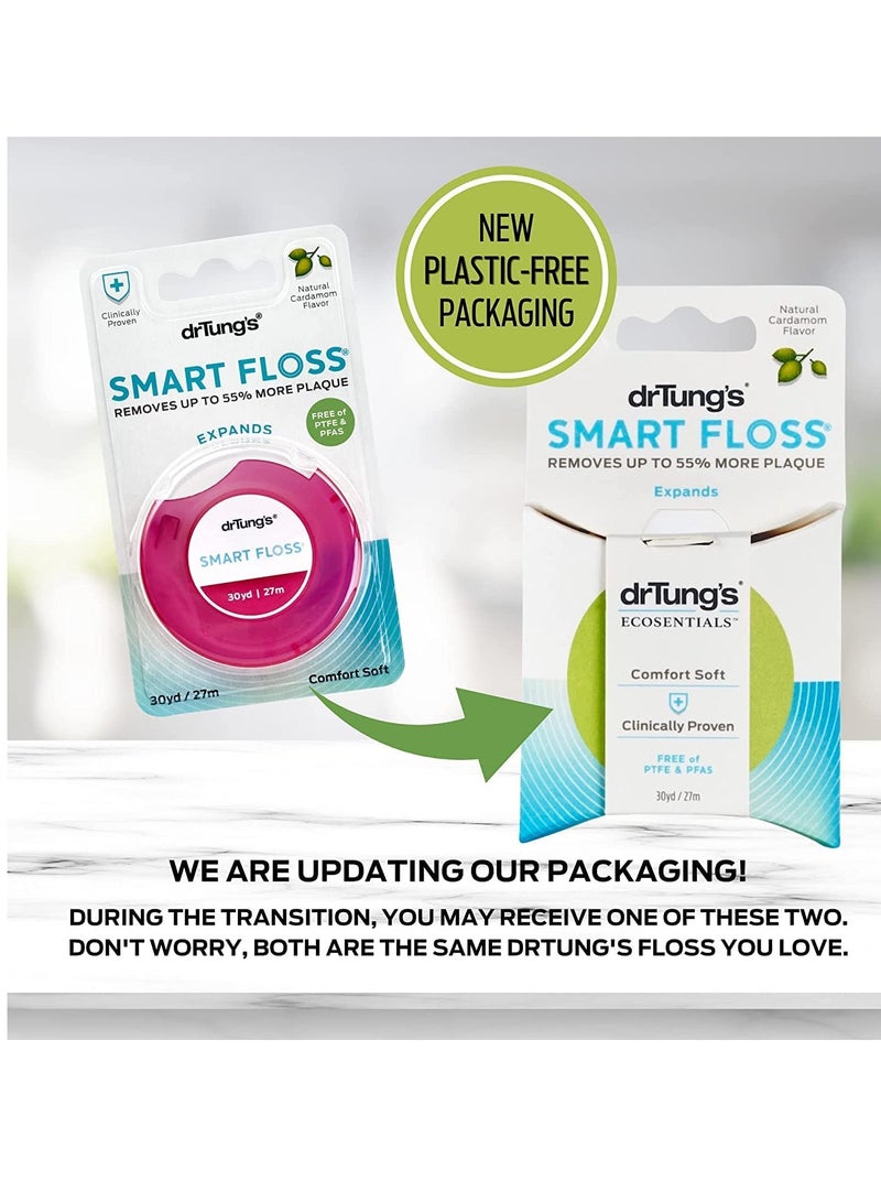 DrTung's Smart Floss - Natural Floss, PTFE & PFAS Free, Gentle on Gums, Expands & Stretches, BPA Free - Natural Cardamom Flavor (Pack of 6)