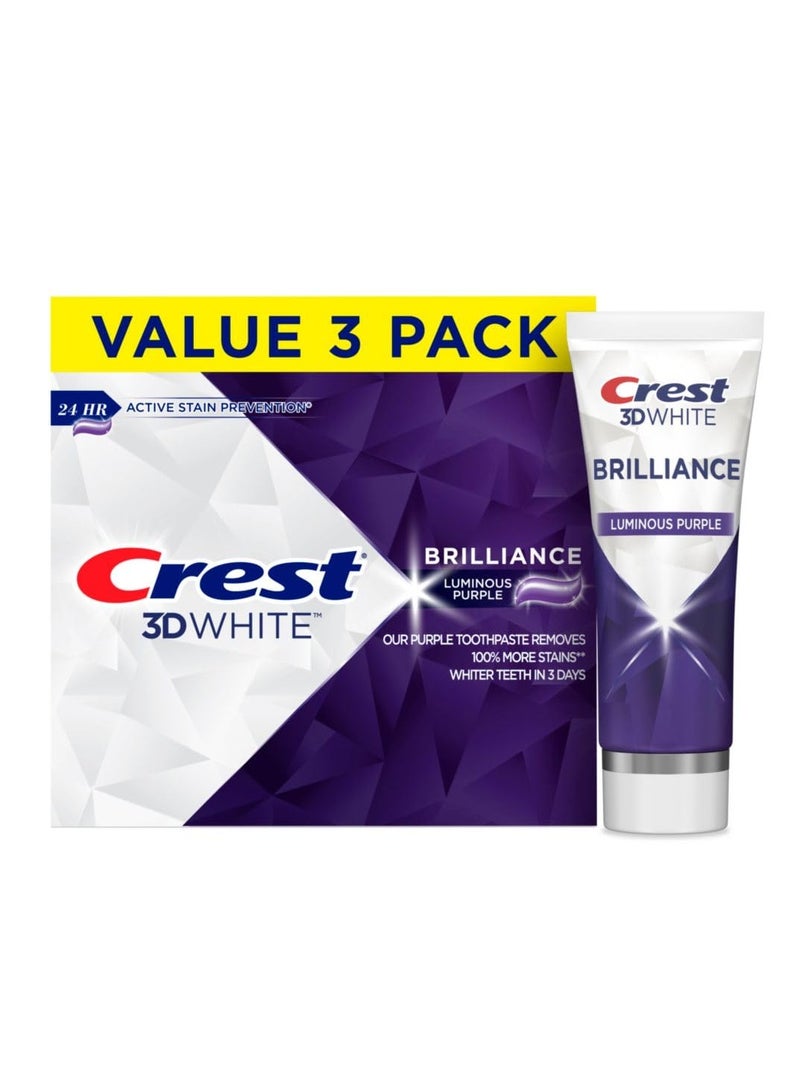 Crest 3D White Brilliance Luminous Purple Teeth Whitening Toothpaste, 4.6 oz Pack of 3, Anticavity Fluoride Toothpaste, 100% More Surface Stain Removal, 24 Hour Active Stain Prevention