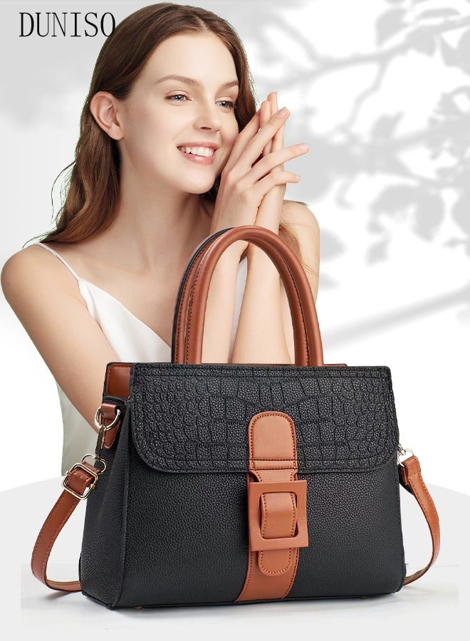 Fashionable Handbag for Women Crossbody Leather Tote Top Handle Satchel Contrast Color Stitching Shoulder Bags with Adjustable Strap for Work